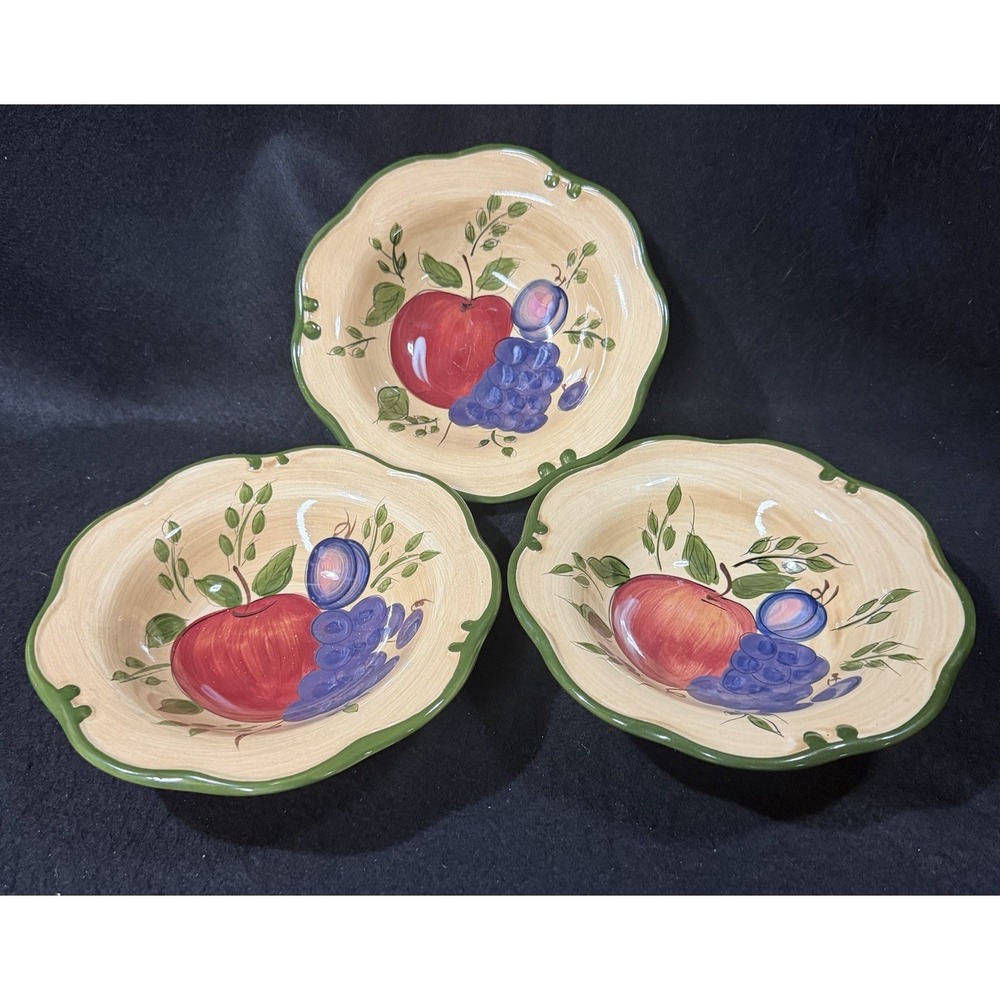 3 Home Trends Granada Soup Cereal Bowls 8" Tan Fruit Apple Grapes Plum Tuscan